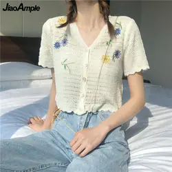 Women Short Sleeve Knitted Shirt Summer Sweet Embroidery Floral Hollow Out Cardigan Girls Korean Slim Tops Lady Leisure Clothing