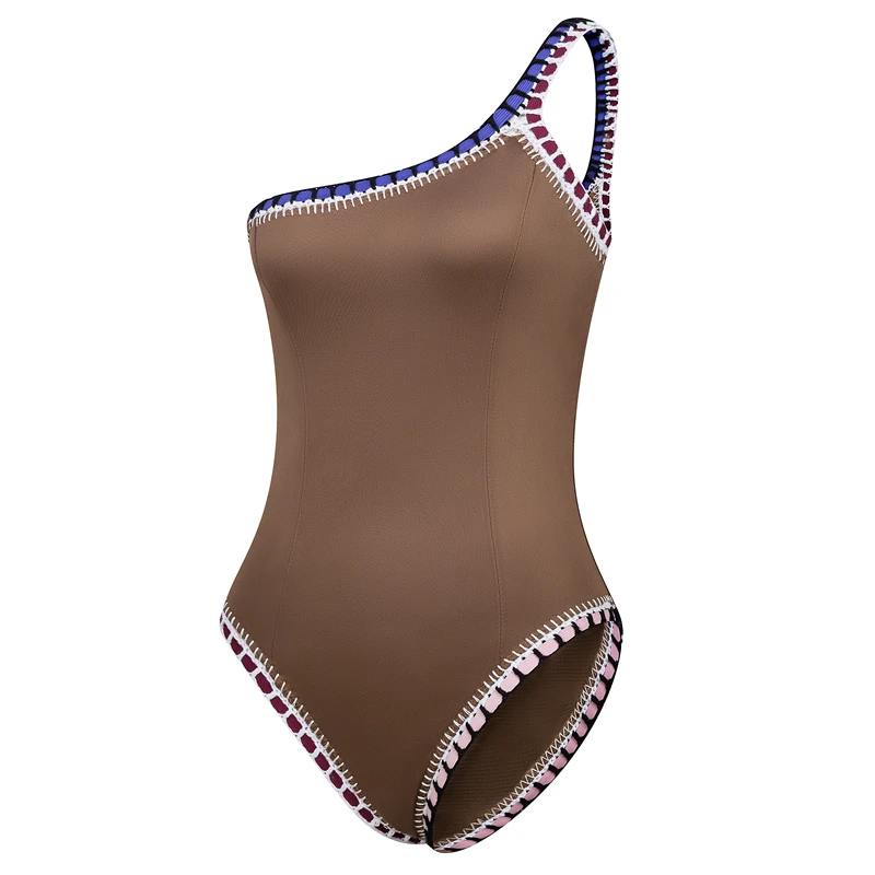 

Women One Piece Swimsuit New Sports Sexy Brown Color Swimwear Single Shoulder Maillot Beachwear