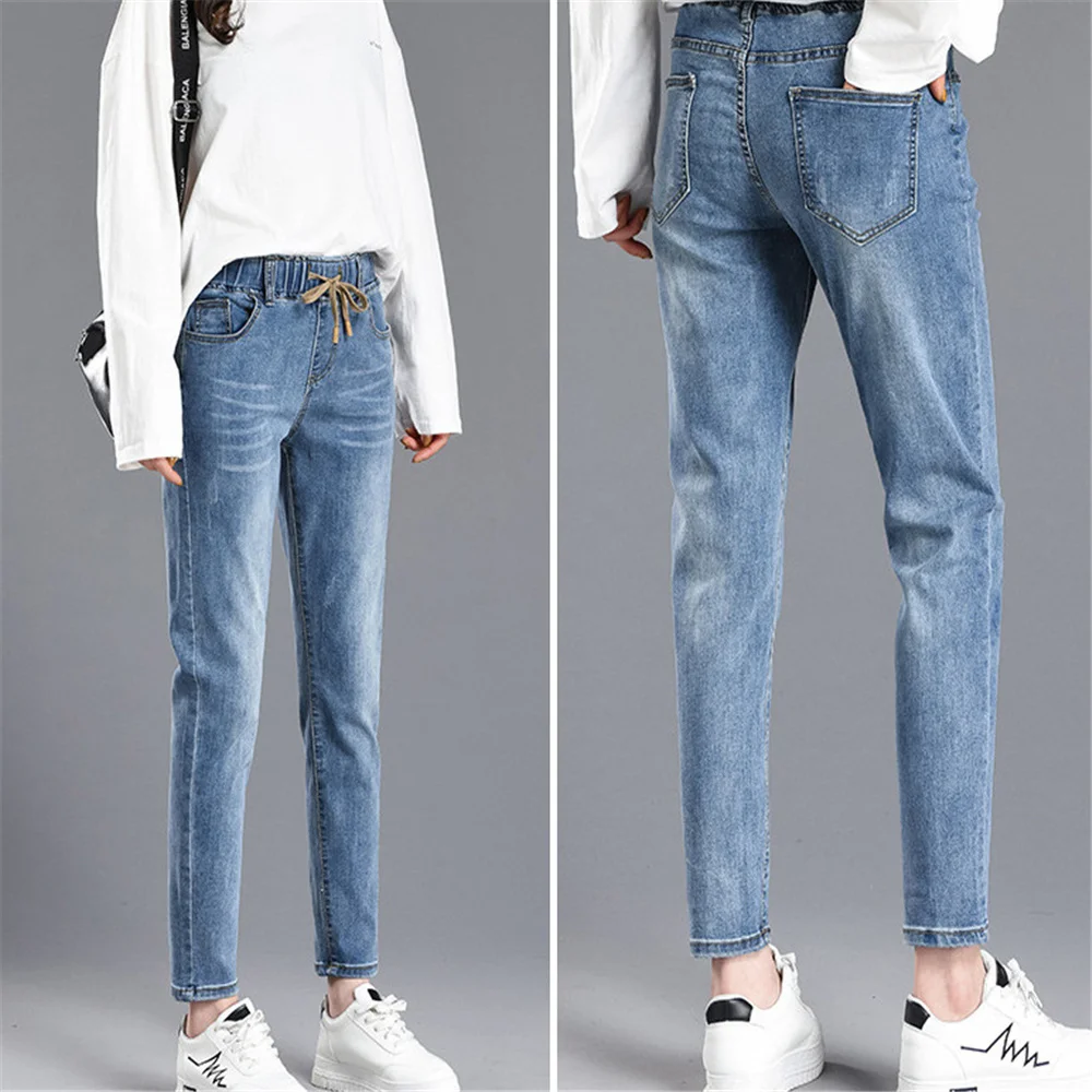 Vrouwen Elastische Taille Jeans Elastische Pull Op Elastische Losse Rechte Been Vriendje Elastische Broek Mode Japanse Koreaanse Ouc288