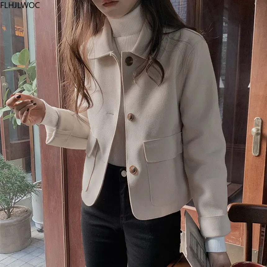 2021 New Design Korean Chic Fashion Womens Long Sleeve Cute Sweet Girls Solid Color Single Breasted Button Short Jackets Coats