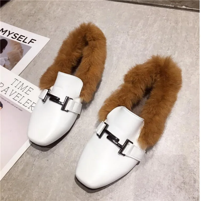 Woman Warm Snow Boots Superfine Fiber Rabbit Fur Mules Plush Furry Moccasins Ladies Fur Ankle Boots Winter Flat Shoes Plus Size