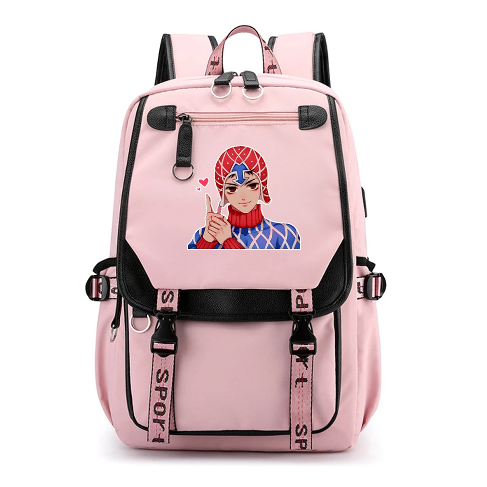 Jo Jo's Bizarre Adventure Women Pink Back Pack Nylon School Bags Pink Bookbag Large Travel Backpack USB Charging Laptop Bagpack
