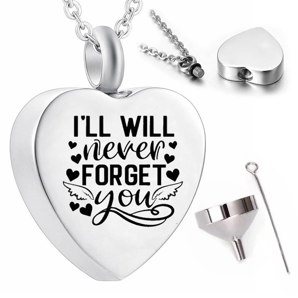 Cremation Jewelry  Heart  Stainless Steel Pendant Necklace Angel Wings keepsake urn-I’ll will never forget you