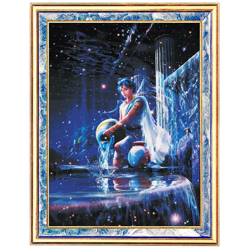 Cross Stitch Fishxx Dream Starry Sky Series 12 Constellation Oil Painting Full Embroidery Kit Home Living Room Large Aquarius