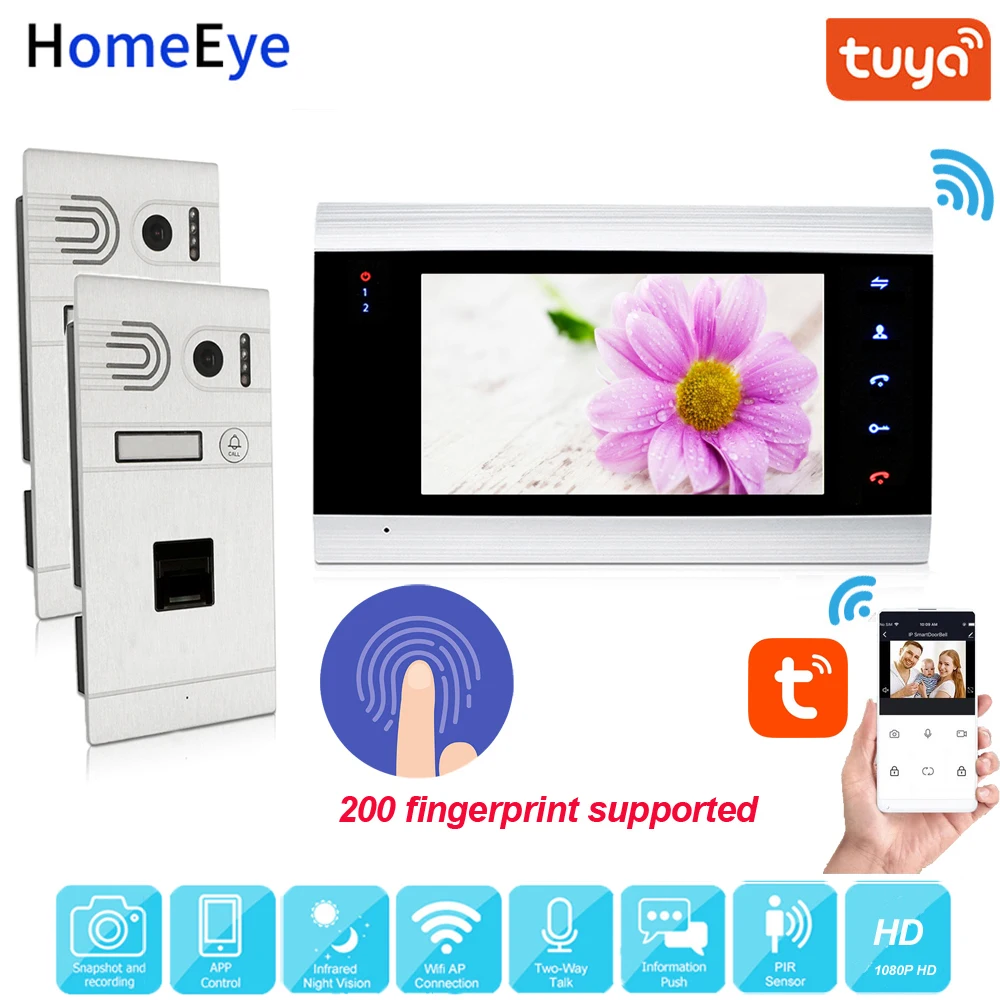 

TuyaSmart App Remote Unlock WiFi IP Video Door Phone 1080P HD Video Intercom Fingerprint Home Access Control System for 2 Doors