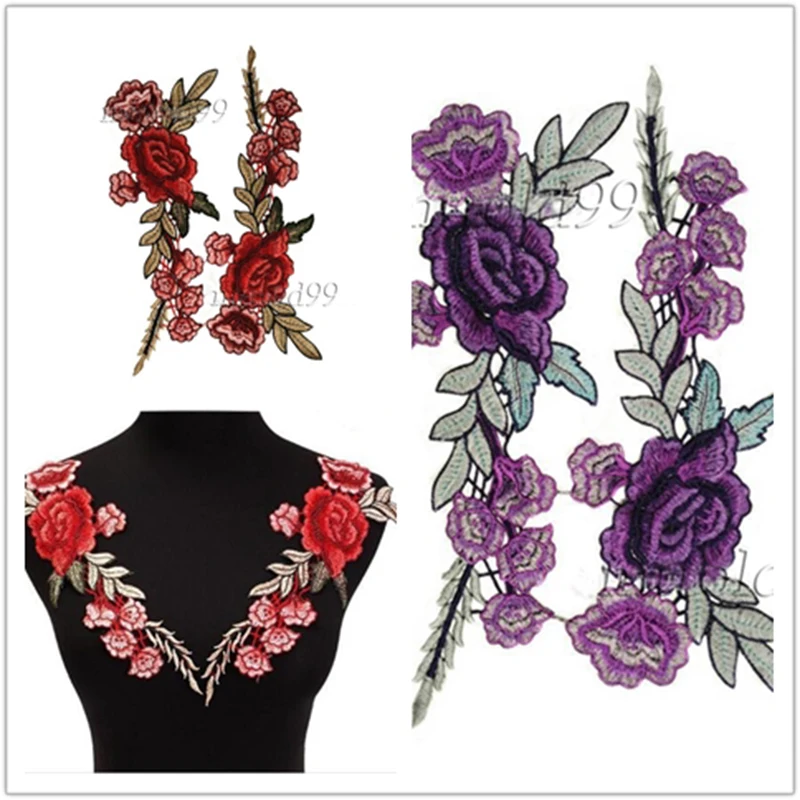 

1 Pair Two Flower Applique Badge Embroidered Floral Collar Sew Patch Bust wedding Dress Hat DIY Craft