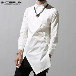 INCERUN Fashion Men Irregular Shirts 2023 Lapel Chic Button Solid Color Long Sleeve Dress Shirts Slim Camisa Long Tops S-5XL