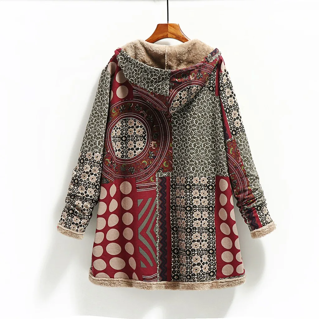 Winter Women\'s Hooded Coat Pocket Cashmere Thick Patchwork Female Jacket Retro Long Sleeve Loose Cotton Linen Printed Lady Coat