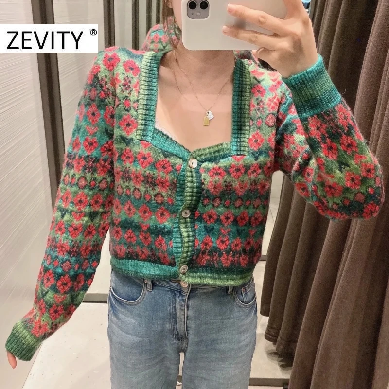 Zevity Women Vintage Square Collar Contrast Color Flower Print Knitting Sweater Female Long Sleeve Chic Cardigans Coat Tops S540