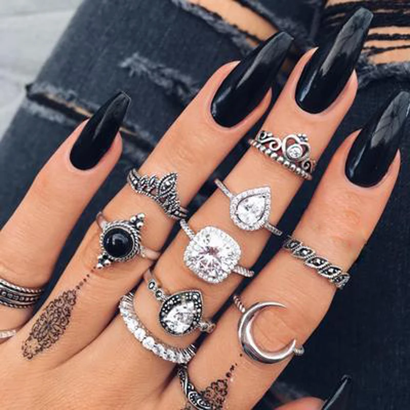 Tocona Boho Crown Moon Heart Rhinestone Geometric Flower Knuckle Rings Set for Women Midi Finger Rings Stacking Finger Jewelrys