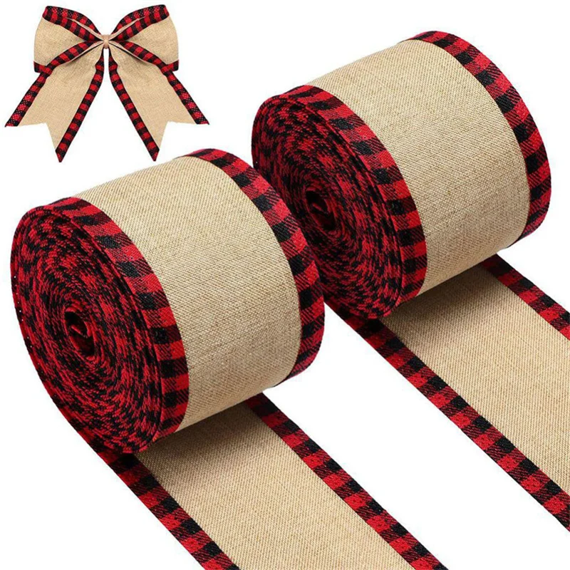 Red White Christmas Ribbon Wide Burlap Jute Grosgrain Tape Grid Print Wired Ribbons for Wed Decor Packaging Xmas Gift Wrapping