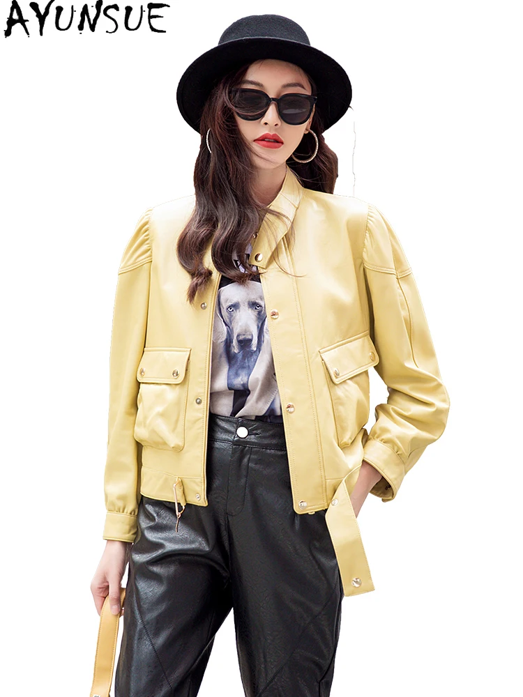 AYUNSUE High Quality Genuine Leather Jacket Women Yellow Real Sheepskin Coat Female Korean Clothes Coats and Jackets Women 2021