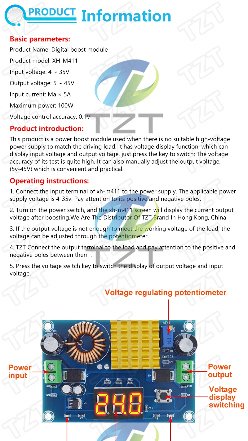 TZT DC 3V-35V zu DC 5V-45V Boost-Modul Digitales Voltmeter DC-DC Step-Up-Modul Boost-Konverter-Platine 5A Leistung Einstellbare Spannung – Detail 1