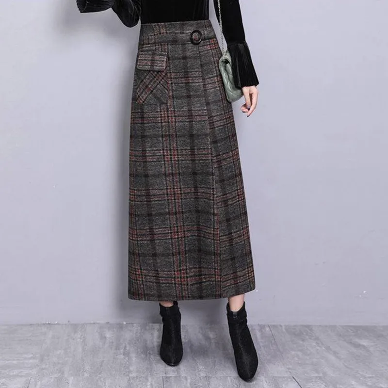 Elegant Retro Female Hight Waist Woolen Long Plaid Skirt Women Casual Straight Vintage Fashion Maxi Skirt Jupe Longue Femme Slim