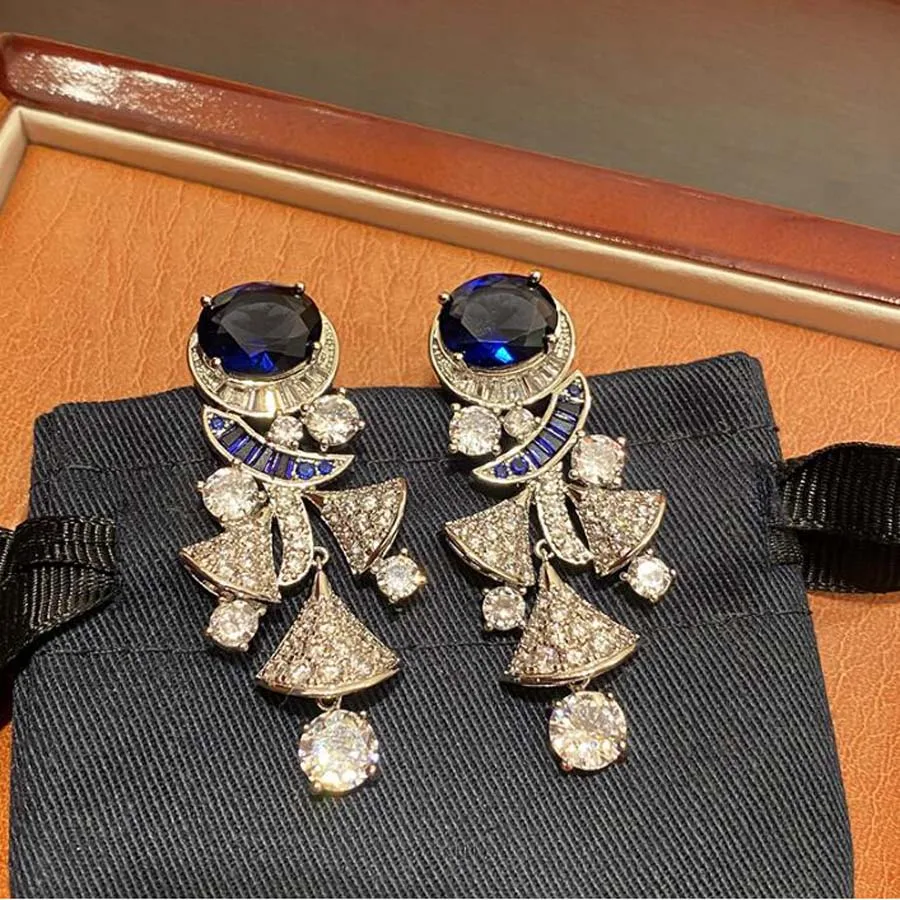 

Exaggerated BLUE rhinestone fan-shaped skirt earrings women elegant long dress luxurious celebration banquet vintage jewelry