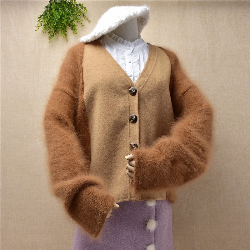 

ladies women short style v-neck thick warm fall winter mink cashmere cardigans angora rabbit fur knitted jacket coat sweater top