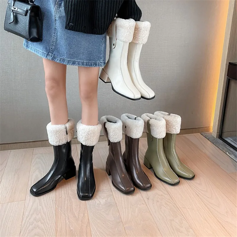 2024 New Winter Fashion Women Boots Lamb Wool Real Wool Boots Square Toe Female Thick Heel Knee High Boots High Heels