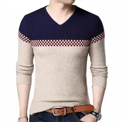 2026 Autumn Winter Warm Wool Sweaters Casual Hit Color Patchwork V-neck Pullover Men Brand Slim Fit Cotton Sweater