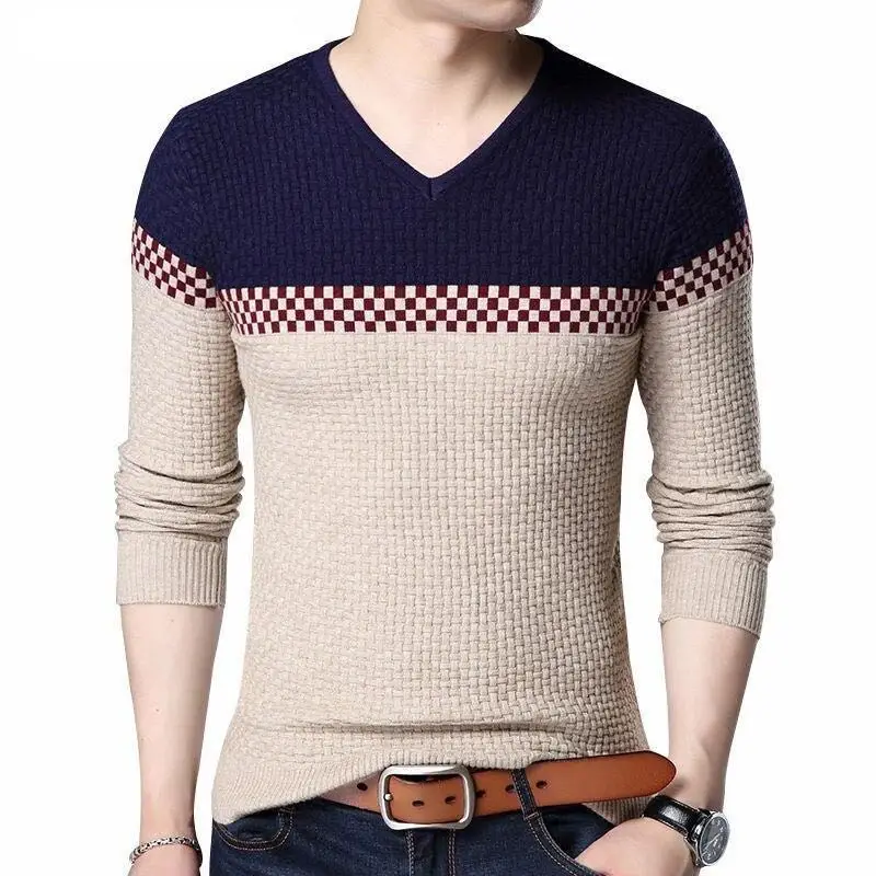 2023 Autumn Winter Warm Wool Sweaters Casual Hit Color Patchwork V-neck Pullover Men Brand Slim Fit Cotton Sweater