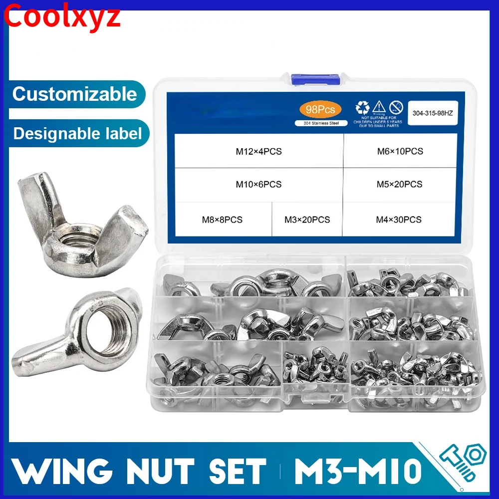 

98pcs Wing Nut assortment kit M3 M4 M5 M6 M8 M10 M12 Stainless Steel Wingnuts butterfly nuts for drum bicycle DIN315