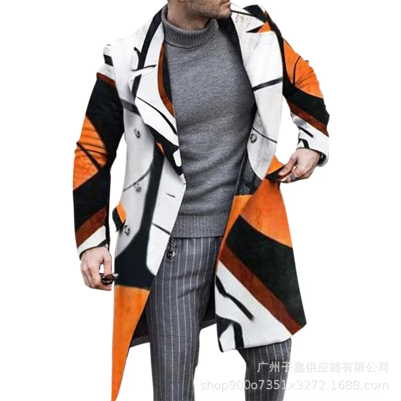 

Woolen Coat Windbreaker Mens Winter Lapel Medium And Long Print Fashion Jacket Men's Slim Fit Long Coat Man Coat Homme Plus Size