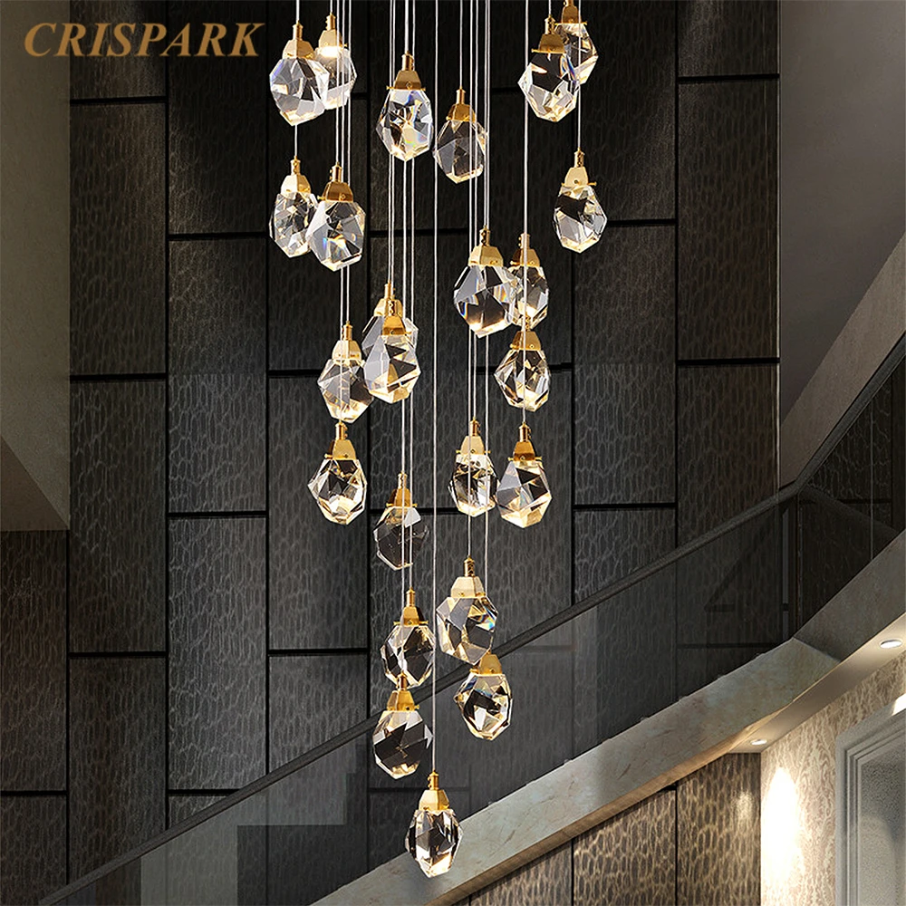 luxo moderno pingente de cristal diamante luz led grande escada pendurado lampada interior ilha da cozinha suspensao luminaria 01