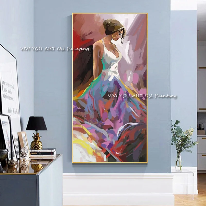 

The Hot Sales White Skirt Woman Portrait Handpainted Abstrat Oil Painting Canvas Home Decor Wall Art Picture For Office Cafe