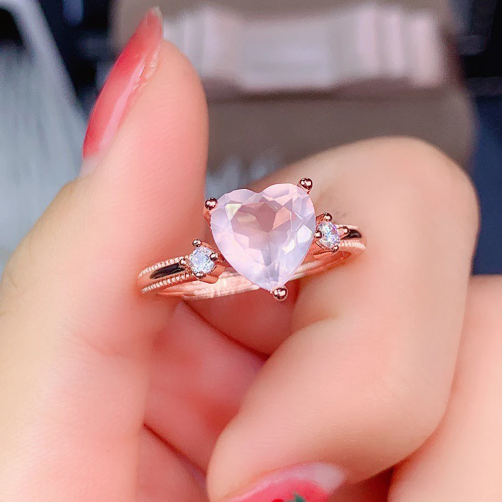 Luxurious Engagement Wedding Rings Faceted Heart Cut Rose Quartz Ring in 925 Sterling Silver Natural Gemstones Jewelry For Gift