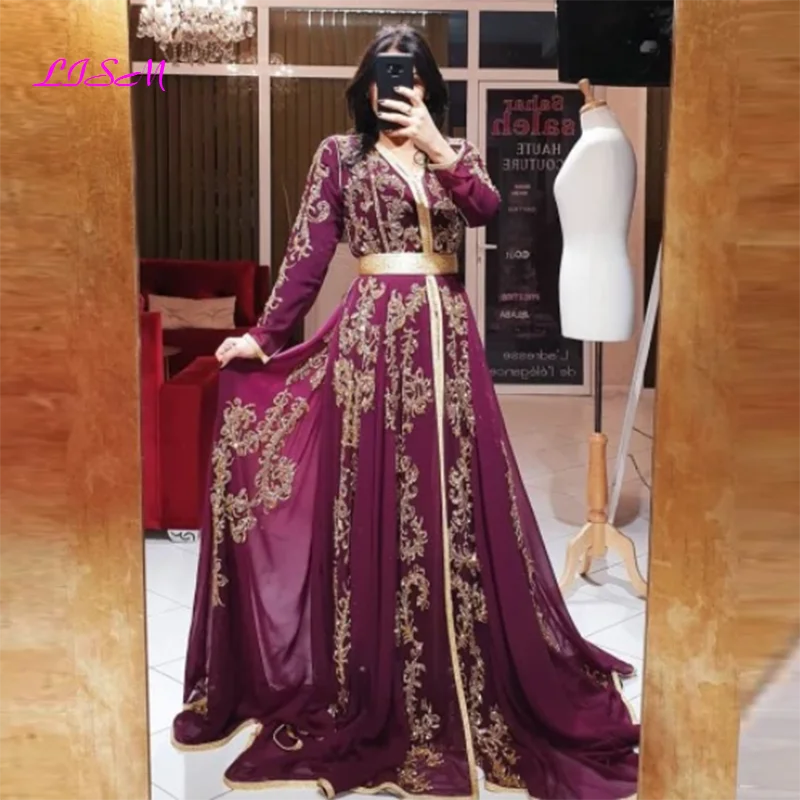 Fuchsia Embroidered Muslim Long Evening Dresses Elegant Long Sleeves Dubai Formal Dress A-Line Prom Party Gowns