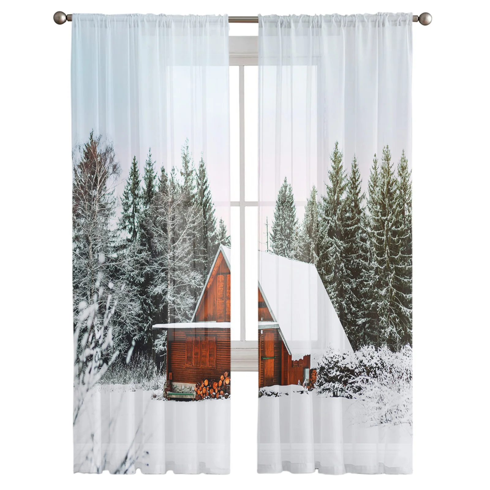 Winter Cabin Scenery Sheer Curtains for Living Room Bedroom Kitchen Tulle for Windows Voile Drapes Home Decoration