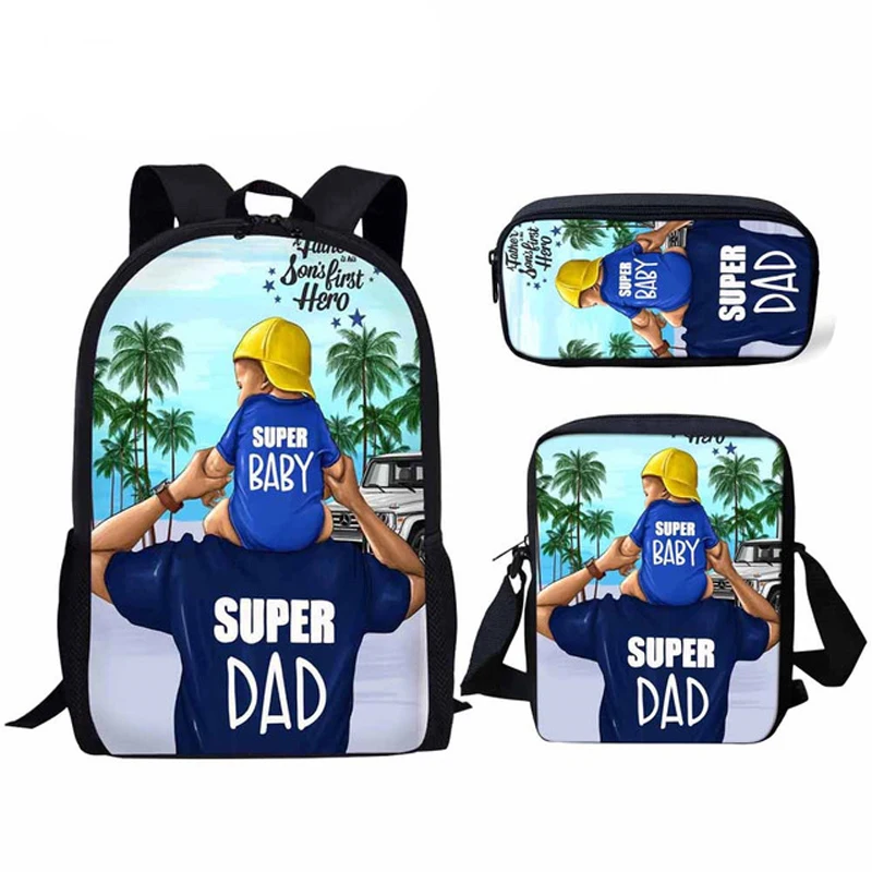 

INJERSDESIGNS Women Men Backpacks Super Dad Mom Child Printed Backpack 3 Pcs/Set Teenager Boys Girls School Bags Fashion Mochila