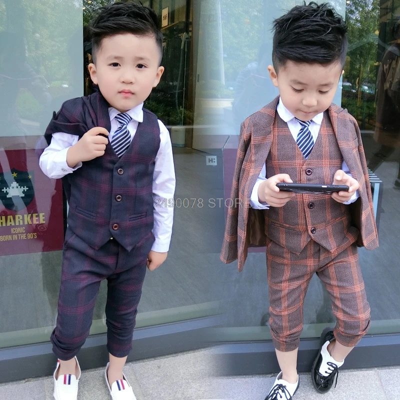 Flower Boys Formal Plaid Suit Kids Wedding Tuxedo Dress Jacket Vest Pants 3PCS Children Chorus Performance Prom Party Costume