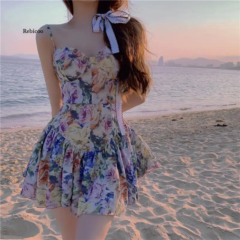 Summer New Holiday Chiffon Floral Ruffle Dress Women Chic Spaghetti Strap Dress Sexy Backless Mini Dresses Ladies Boho Clothing