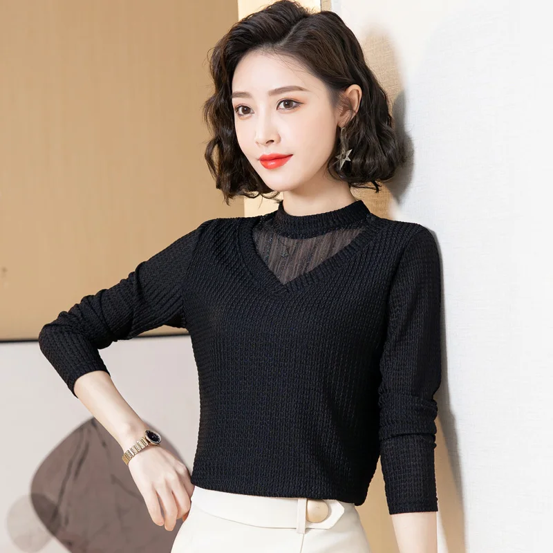 Lady Korean Version In Autumn Winter With Sweater New Women'S Loose And Thin Lace Stitched Knitted Bottomed Shirt Top