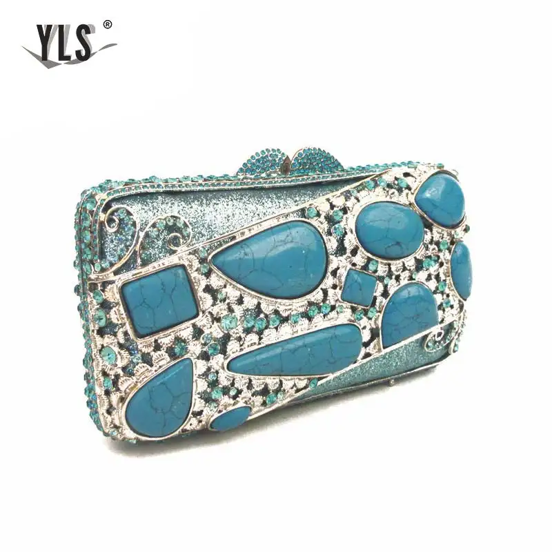 Brand Design Vintage Ladies Blue Gem Clutches Rhinestone Evening Party Purse Dinner Handbags Women Bride Wedding Bag