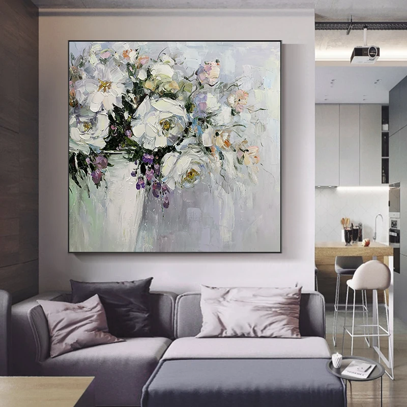 Abstract 3D Flower Wall Art Pictures Hand Painted Thick Texture White Flower Oil Painting On Canvas Modern Home Decor Unframed