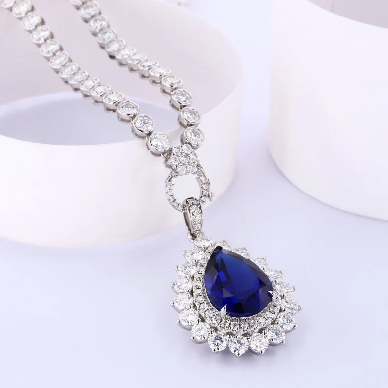 Hip Hop Tennis Necklace 9k Moissanite Chain With Lab Grown Diamond Royal Blue Pendant