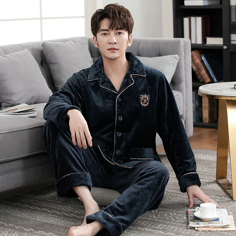 

Coral Fleece Male Pajamas Set Men 2pcs/set Warm Thicken Flannel Home Clothes L-4XL Men Sleepwear