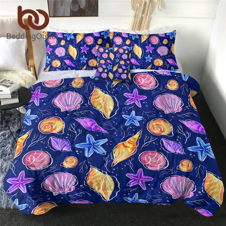 

BeddingOutlet Shells Quilt Set Starfish Bedding Set Sea Water Home Decor 3d Printed Purple Bedclothes Modern Bedspread Dropship