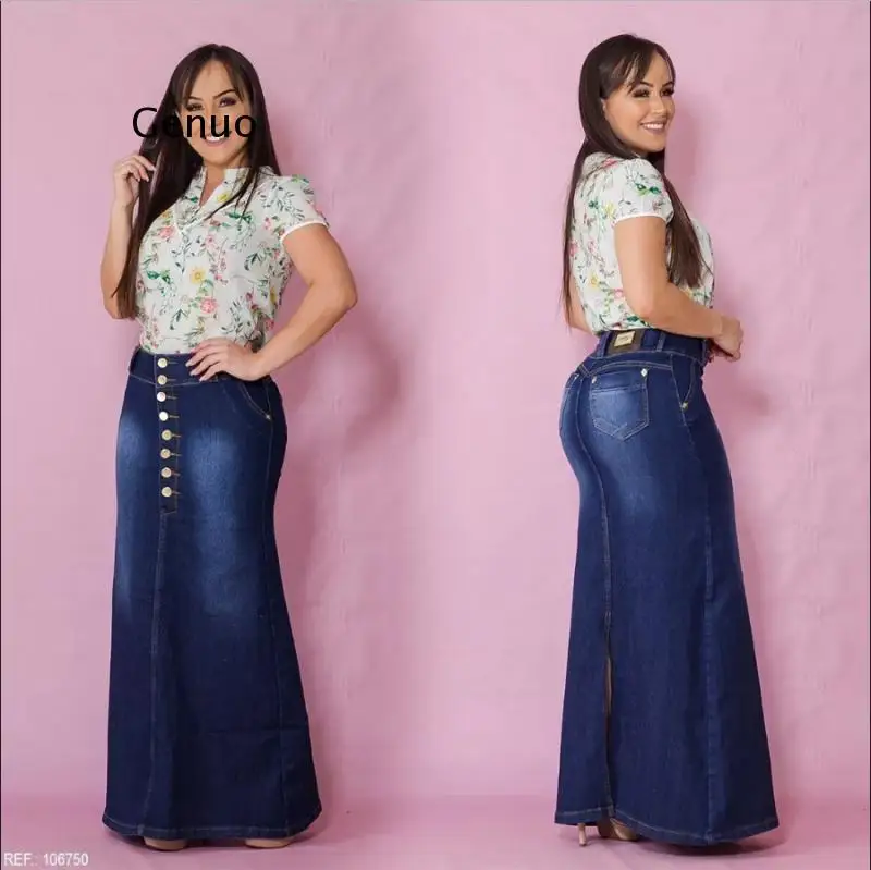 Denim Skirts Women High Waist Stretchy Front Button Long Fish Tail Vintage Jeans Skirt Flare Denim Skirts  Vintage