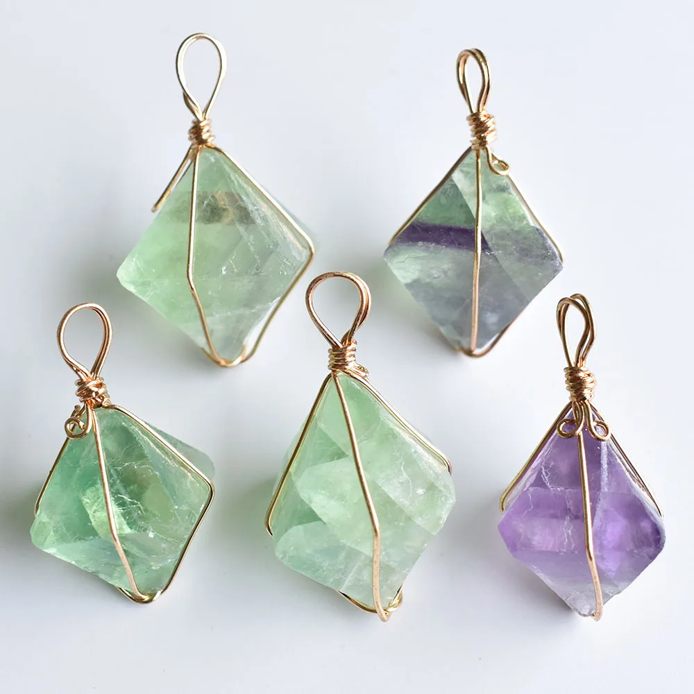 Wholesale 5pcs/lot 2020 New fashion good quality natural fluorite stone octahedron pendants for jewelry accessories making free