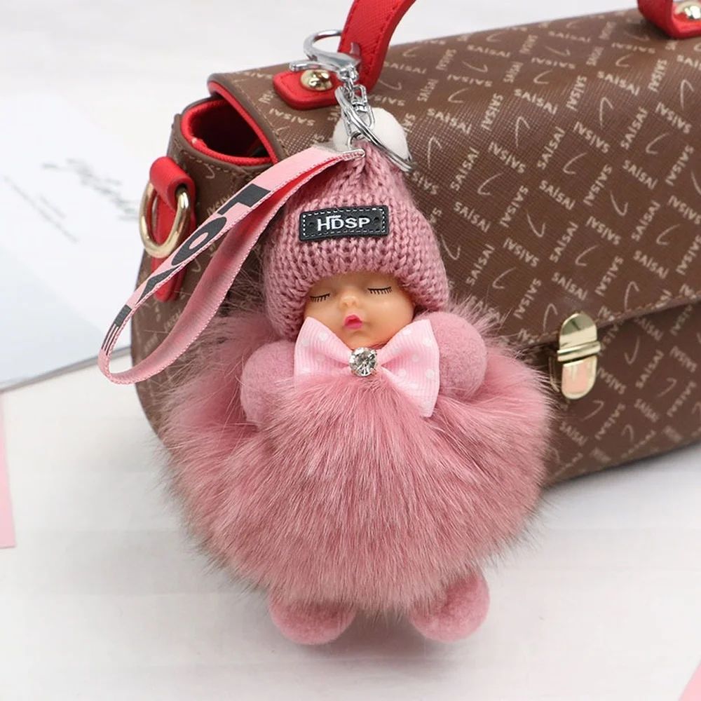 Fox Fur Pompom Sleeping Baby Keychain Cute Fluffy Plush Doll Keychains Women Girl Bags Keyrings Cars Key Ring Gift Decoration