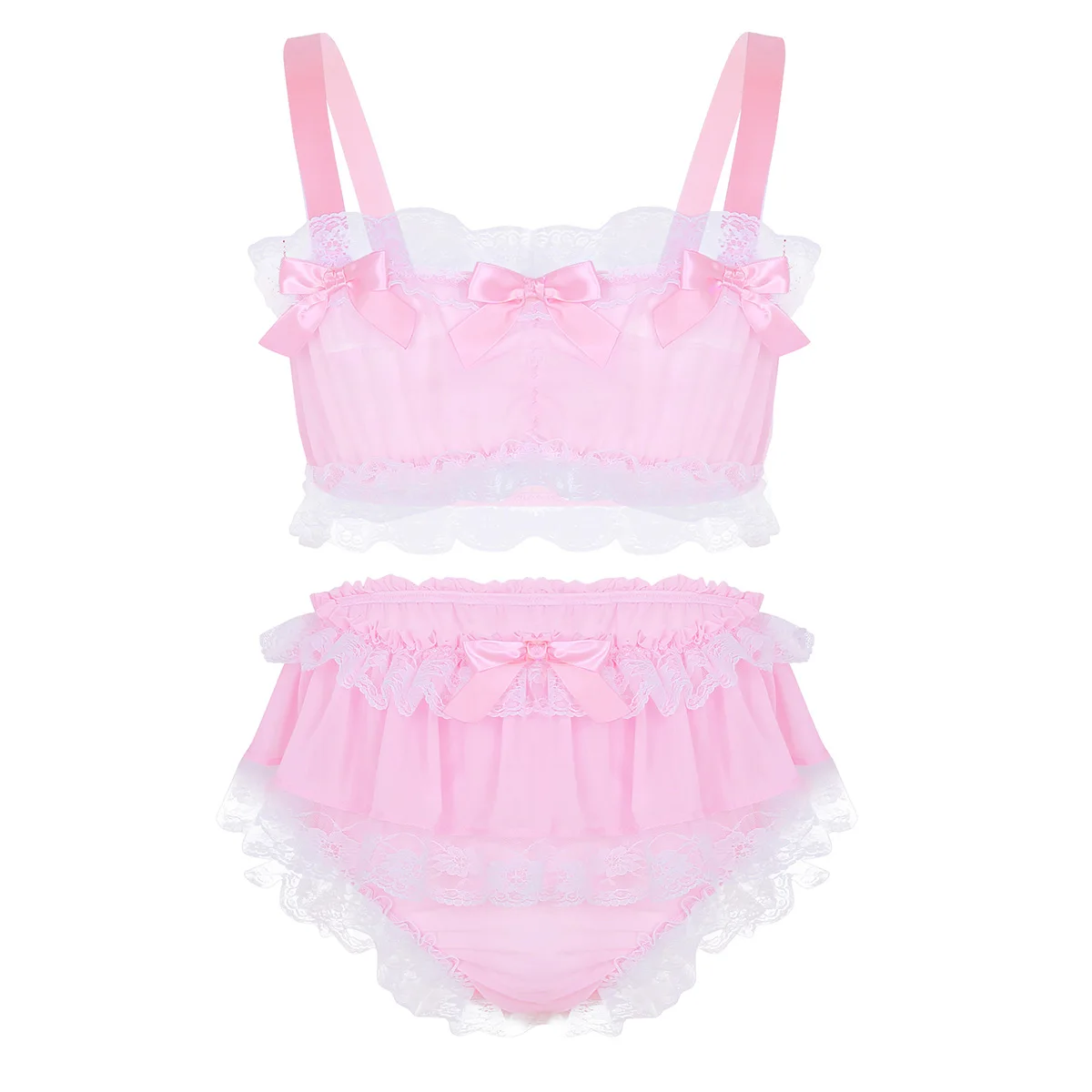 

Mens Sissy Lingerie Set 2Pcs Frilly Ruffled Lace Bra Crop Top with Briefs Panties Sleepwear Gay Male Crossdress Nightdress