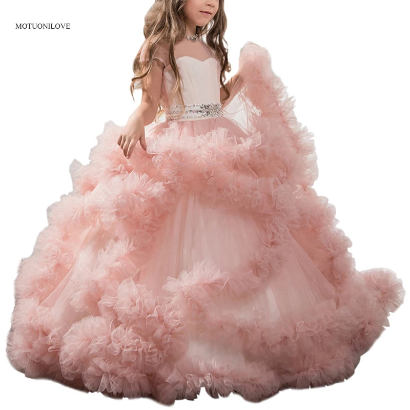 Elegant Ruffles Crystals Bling Bling Sheer Neck Long Girl Dress Party Christmas Kids Evening Formal Dress for Bridesmaid Wedding