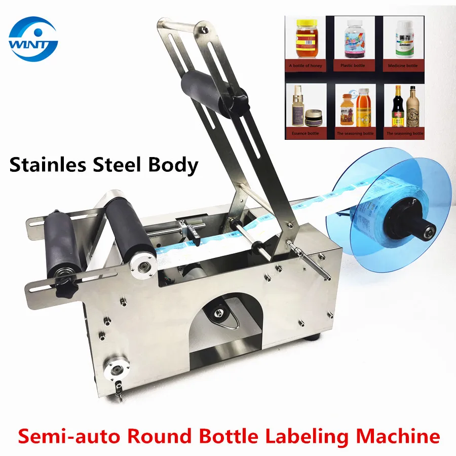 Semi-automatic Round Bottles Adhesive Labeling Machine PET Glass Gel Bottling Labels Stickers Applicator with Stainless Body