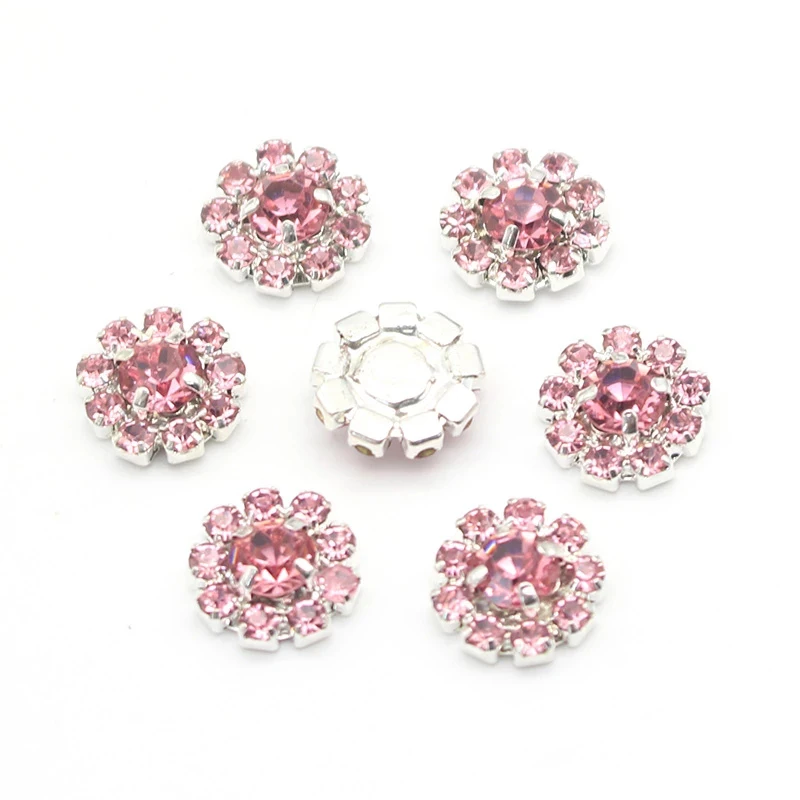 10PCS Silver Chic Shiny 10mm Pink Crystal Button For Wedding Invitation Rhinestone Buttons For Craft Garment Scrapbooking