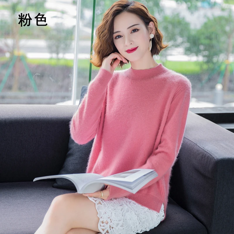 Winter 100%Mink Cashmere Women Half High Neck Fashion Knit Thick Solid Color Sweater Long Sleeve Large Size Base Warm Top 2021