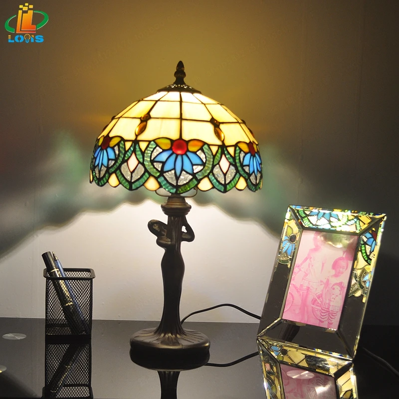 American 10 Inch Stained Glass Table Lamp Tiffany Style Restaurant Bar Cafe LED Retro Bedroom Bedside Study Lighting Metal Base