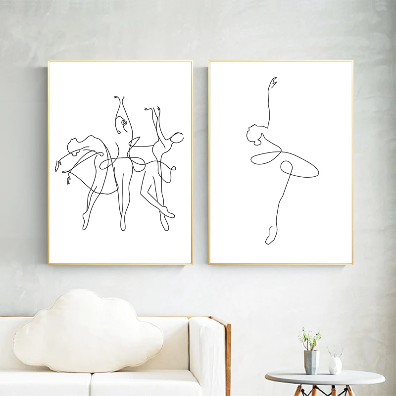 Impresión abstracta de bailarina, dibujo de cuerpo de una línea, pintura en lienzo, obra de arte en blanco y negro, imagen de baile, póster, decoración de pared para habitación de niña