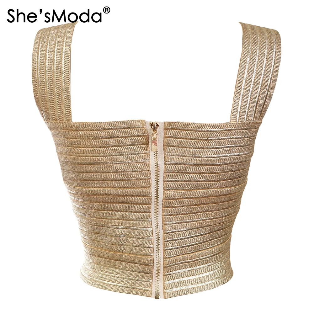 She\'sModa Luxury Golden Bandage Slim Sleeves Women\'s Spandex 2024 New Summer Cropped Tops Vest Tank Party Bachelorette Plus Size